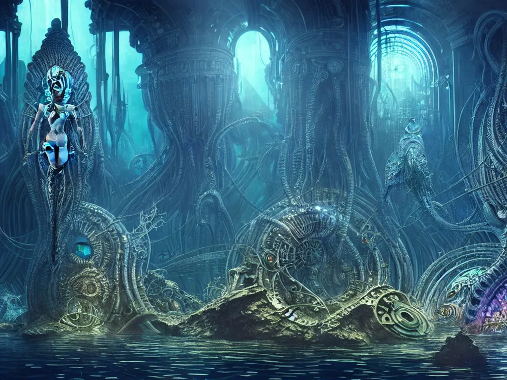 Image similar to highly detailed render of under water dark alien city with spirits floating, trending on deviantart, neo surrealism, sharp focus, a lot of little details, lens flare, epic render, magical composition, deep color scheme, ornate, intricate, octane, masterpiece, art by ernst haeckel and android jones and alex grey