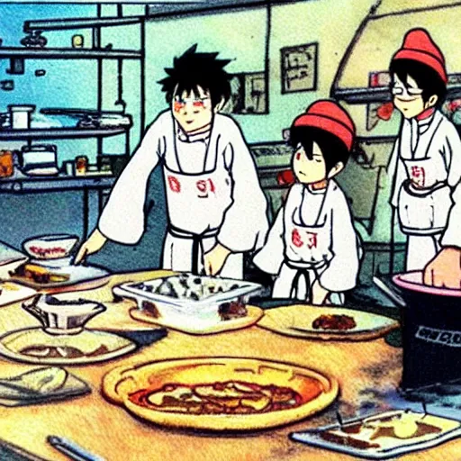 Prompt: A dimly lit laboratory with pigs cooking wearing cook aprons and kings crowns, art by Hayao Miyazaki, art by Studio Ghibli, anime style