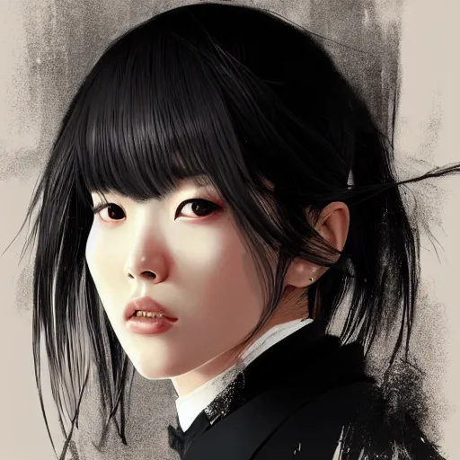 Image similar to portrait of a beautiful korean girl wearing a men's tuxedo, with bangs, very long hair and bangs, angular features, angry expression, dramatic lighting, illustration by Greg rutkowski, yoji shinkawa, 4k, digital art, concept art, trending on artstation