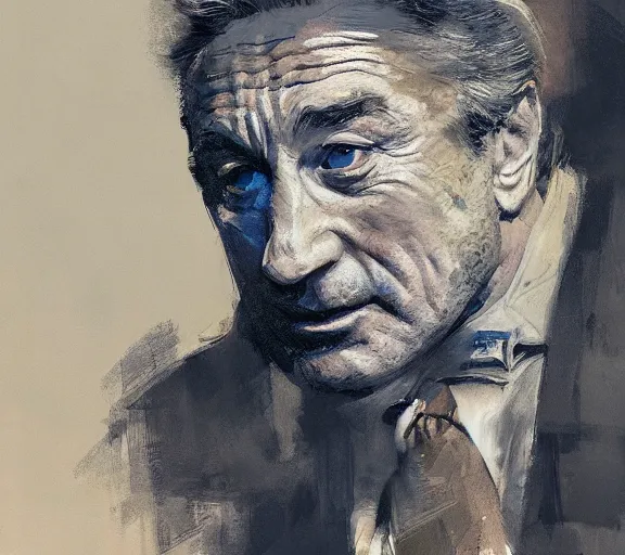 Prompt: a hyper-detailed sketch of Robert DeNiro by Craig Mullins; oil on canvas; trending on artstation