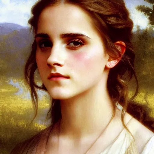 Image similar to Painting of Emma Watson as Hermione Granger. Extreme close up. Art by william adolphe bouguereau. During golden hour. Extremely detailed. Beautiful. 4K. Award winning.