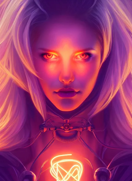 Image similar to symmetry!! portrait of woman with long flaming blonde hair, sci - fi, tech wear, glowing lights!! intricate, elegant, highly detailed, digital painting, artstation, concept art, smooth, sharp focus, illustration, art by artgerm and greg rutkowski and alphonse mucha, 8 k