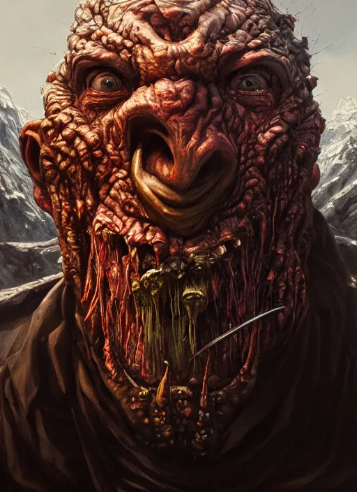 Image similar to close up portrait of an evil monster with bad smell in the mountains of hell, oil painting by tomasz jedruszek, cinematic lighting, pen and ink, intricate line, hd, 4 k, million of likes, trending on artstation