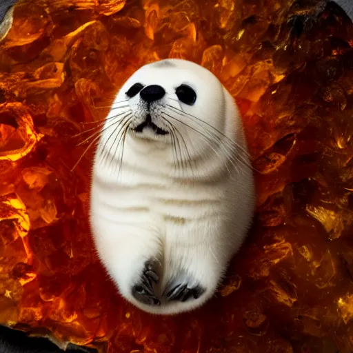 Image similar to a baby harp seal petrified in amber, museum photo