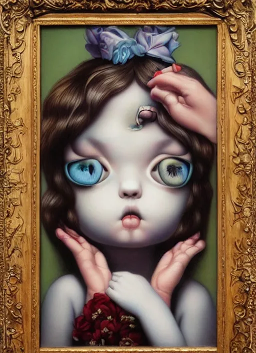 Image similar to pop surrealism, lowbrow art, realistic cute girl painting, japanese street fashion, hyper realism, muted colors, mark ryden, trevor brown style