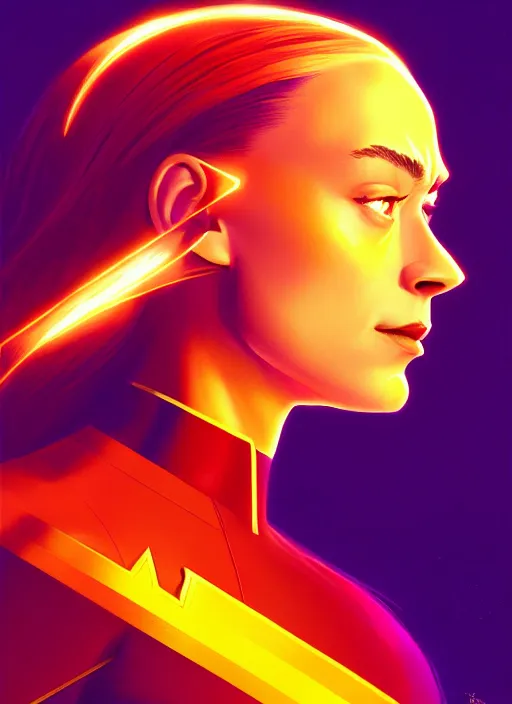 Prompt: side profile centered painted portrait, emmy rossum as captain marvel, d & d, gloomhaven, matte painting concept art, art nouveau, beautifully backlit, swirly vibrant color lines, fantastically gaudy, aesthetic octane render, 8 k hd resolution, by ilya kuvshinov and cushart krent and gilleard james