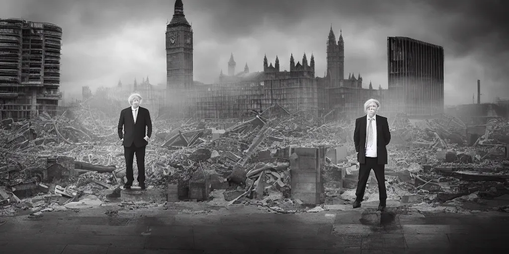 Image similar to a portrait of Boris Johnson standing in front a nuclear landscape of the southbank centre in london, the london eye and big ben are still standing, collapsed brutalist architecture, groups of human figures stagger amongst the ruins, fog, dust atmosphere, brooding clouds, mushroom cloud, detailed, 4k