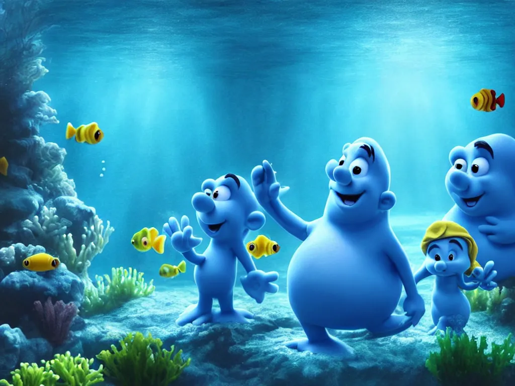 Prompt: underwater smurfs wearing white hats swimming with bioluminescent fishes, photorealistic painting, cgi, low volumetric light, movie still, very cute and cozy and fluffy and sweet
