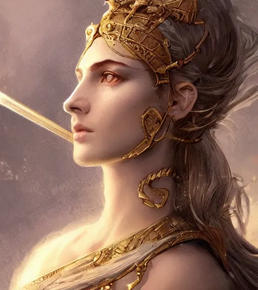 Image similar to aphrodite goddess wearing an arrow on her head, beautiful face, digital illustration, in the style of greg rutkowski, fantasy, amazing detail, epic, intricate, elegant, smooth, sharp focus