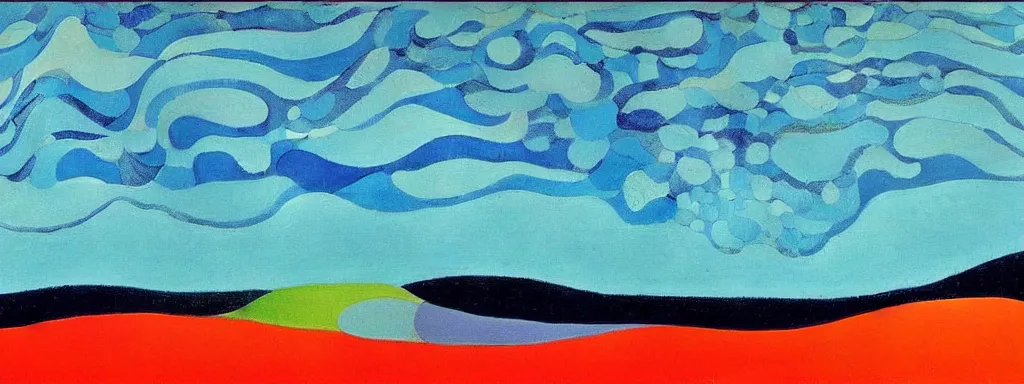 Prompt: Psychedelic sci-fi dreamworld. Landscape painting. Organic. Winding rushing water. Waves. Clouds. Landscape by Alex Katz. Wayne Thiebaud. Paul Klee. David Hockney.