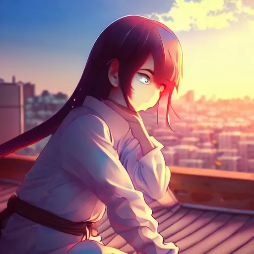 Image similar to digital anime art in the style of netflix arcane, cute female ninja sitting on an old japanese roof at golden hour, soft azure blue eyes, sincere smile, close up, wlop, ilya kuvshinov, backlit