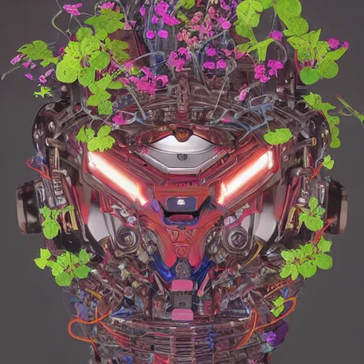 Prompt: colourful vfx art - portrait of army mecha robot wrapped in flowers & vines, art by utagawa kunisada & james jean, volumetric light, ray tracing, sharp, detailed, digital painting, illustration, highly detailed, intricate detail, unreal engine, octane render, global light, pinterest, behance, art station,