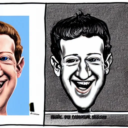 Image similar to a caricature portrait of Mark Zuckerberg drawn by Mort Drucker Mad Magazine