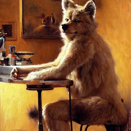 Prompt: a portrait of a furry in a coffee shop, furry body, furry arms, furry legs, furry tail. highly detailed painting by gaston bussiere, craig mullins, j. c. leyendecker, furry