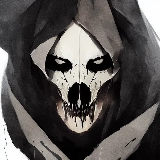 Prompt: full body portrait of a character wearing a black cloak, with a white mask in the shape of an animal skull, the mask covers her entire face, dramatic lighting, illustration by Greg rutkowski, yoji shinkawa, 4k, digital art, concept art, trending on artstation
