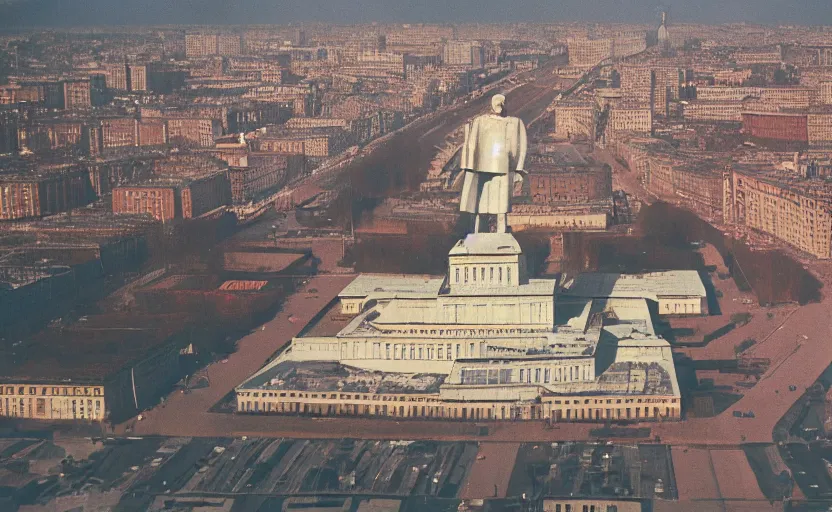 Image similar to high quality 2000s historic footage of a soviet square with a great lenin statue with stanilist style high rise and pedestrians, color aerial photo drone, Cinestill 800t, heavy grainy picture, very detailed, high quality, 4k panoramic