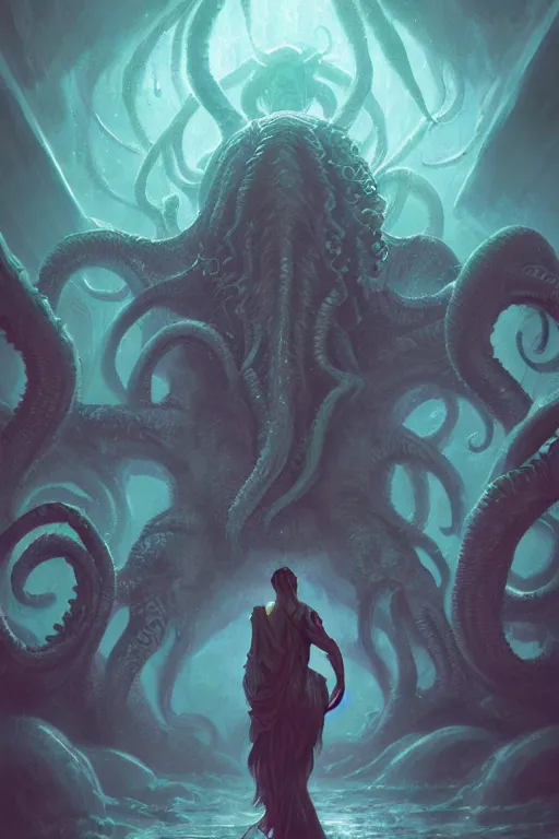 Prompt: cthulhu, eldritch, cosmic, nightmare, ocean, storm, digital art, magic the gathering, mtg, by greg rutkowski, trending on artstation