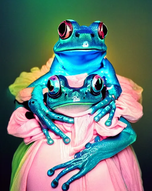 Image similar to natural light, soft focus portrait of a cyberpunk anthropomorphic frog with soft synthetic pink skin, blue bioluminescent plastics, smooth shiny metal, elaborate ornate head piece, piercings, skin textures, by annie leibovitz, paul lehr