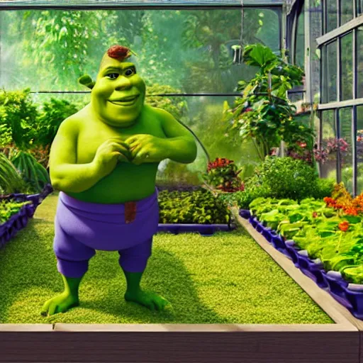 Prompt: DSLR photograph of Shrek tending to a beautiful greenhouse garden on a space station, Pixar dream works render,