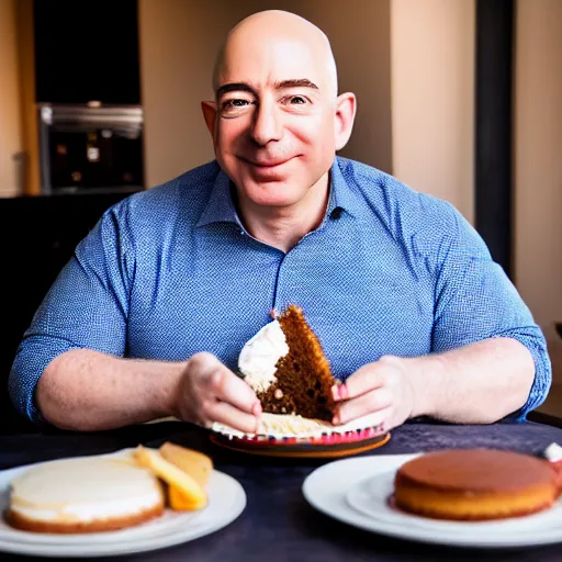 Prompt: Obese Jeff Bezos eating cake, XF IQ4, 150MP, 50mm, F1.4, ISO 200, 1/160s, natural light