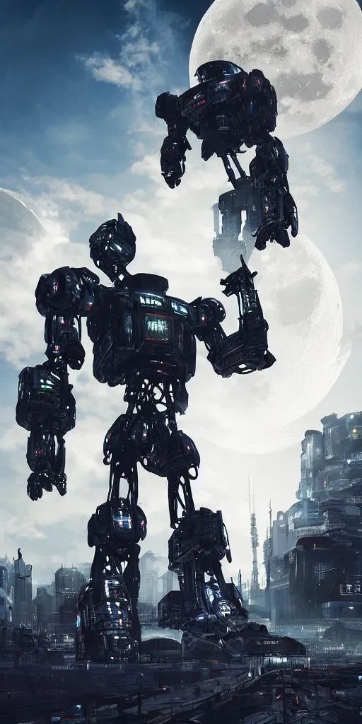 Image similar to a giant cyberpunk robot touching the moon. incredible detailed. sharp focus. digital art. full body