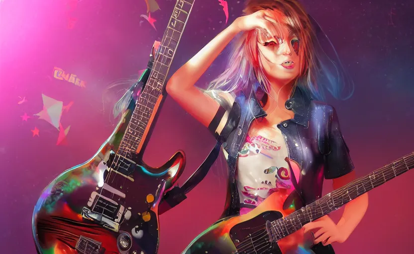 Image similar to rockstar girl playing electric guitar on stage. by amano yoshitaka, digital art, digital painting, artstation trending, unreal engine