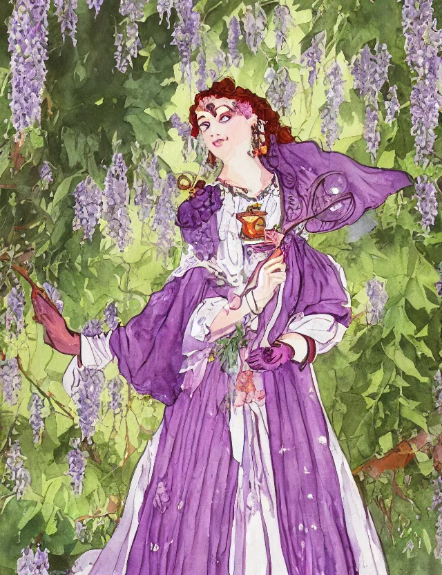 Image similar to middle eastern queen of the wisteria springs, wearing a lolita dress. this heavily stylized watercolor painting by the beloved children's book illustrator has an interesting color scheme, plenty of details and impeccable lighting.