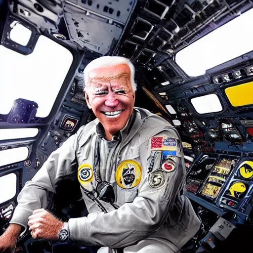 Image similar to joe biden inside a f - 3 5 fighter jet, comic book style, gorgeous lighting