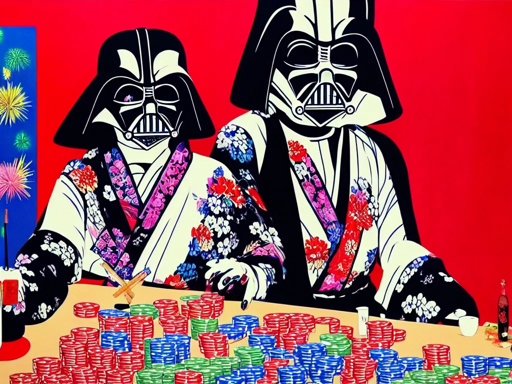 Image similar to hyperrealistic composition of the detailed woman in a japanese kimono sitting at a poker table with detailed darth vader, fireworks, beautiful mountain in the background, pop - art style, jacky tsai style, andy warhol style, acrylic on canvas