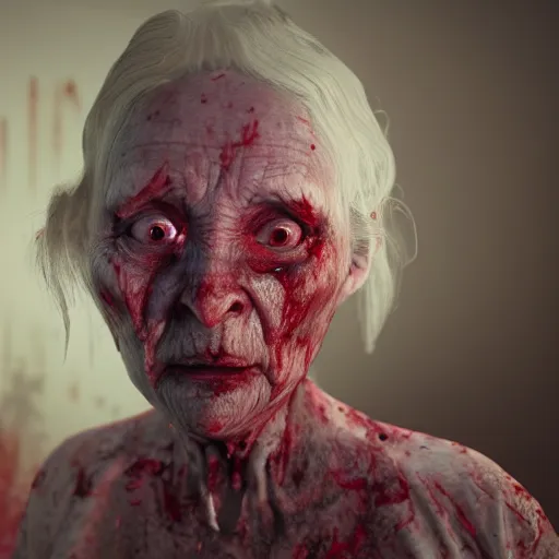 Image similar to a highly detailed photographic render of a creepy old lady, bloody, cannibal woman, cinematic lighting, cinematic scene, Volumetric lighting, Atmospheric scene, Dark, Horror, Atmospheric lighting, Global illumination cinematic render, film, beautifully lit, ray traced, octane 3D render, octane render, unreal engine