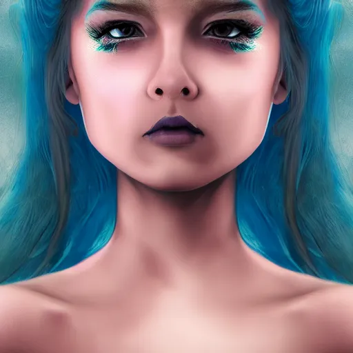 Image similar to The dragon girl portrait, portrait of young girl half dragon half human, dragon girl, dragon skin, dragon eyes, dragon crown, blue hair, long hair, highly detailed, cinematic lighting, by David Lynch