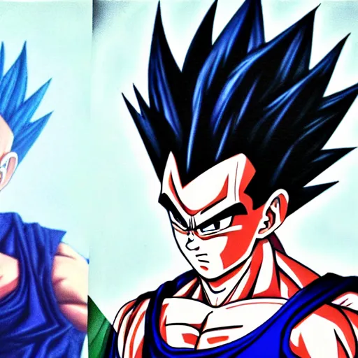 Image similar to ultra realistic portrait painting of a fusion of vegeta and sasuke art by akira toriyama, 4 k, dragon ball artstyle, cel shaded, highly detailed, epic lighting, full body