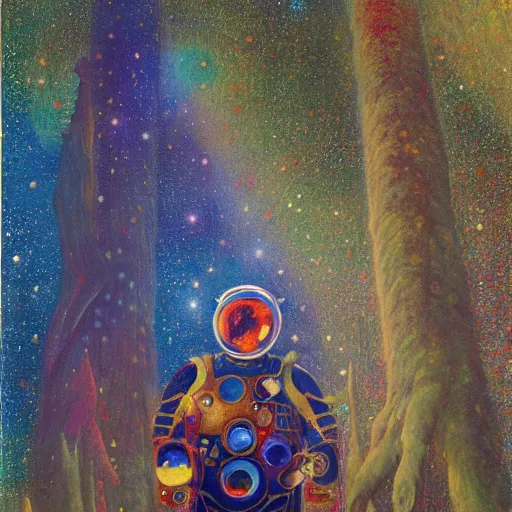 Prompt: psychedelic lush pine forest, space man, astronaut, outer space, milky way, designed by arnold bocklin, jules bastien - lepage, tarsila do amaral, wayne barlowe and gustave baumann, cheval michael, trending on artstation, star, sharp focus, colorful refracted sparkles and lines, soft light, 8 k 4 k