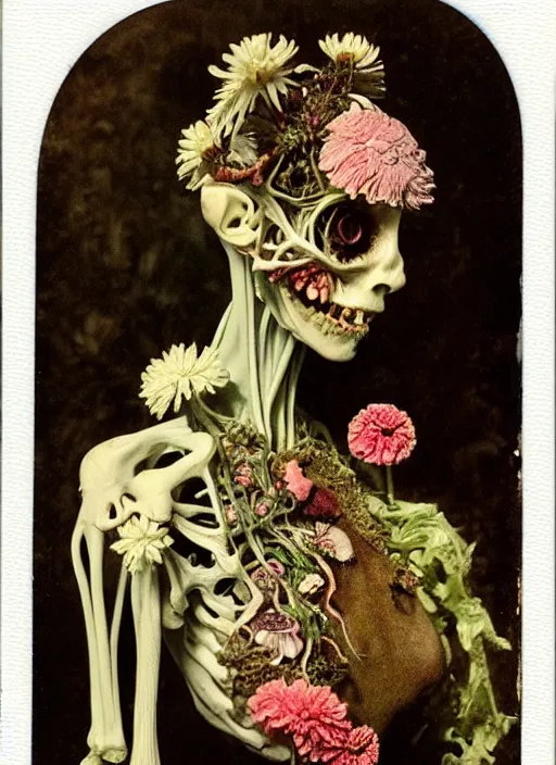 Image similar to beautiful and detailed rotten woman made of plants and many types of stylized flowers like carnation, chrysanthemum and tulips, anatomical, intricate, organs, ornate, surreal, john constable, guy denning, gustave courbet, caravaggio, romero ressendi 1 9 1 0 polaroid photo