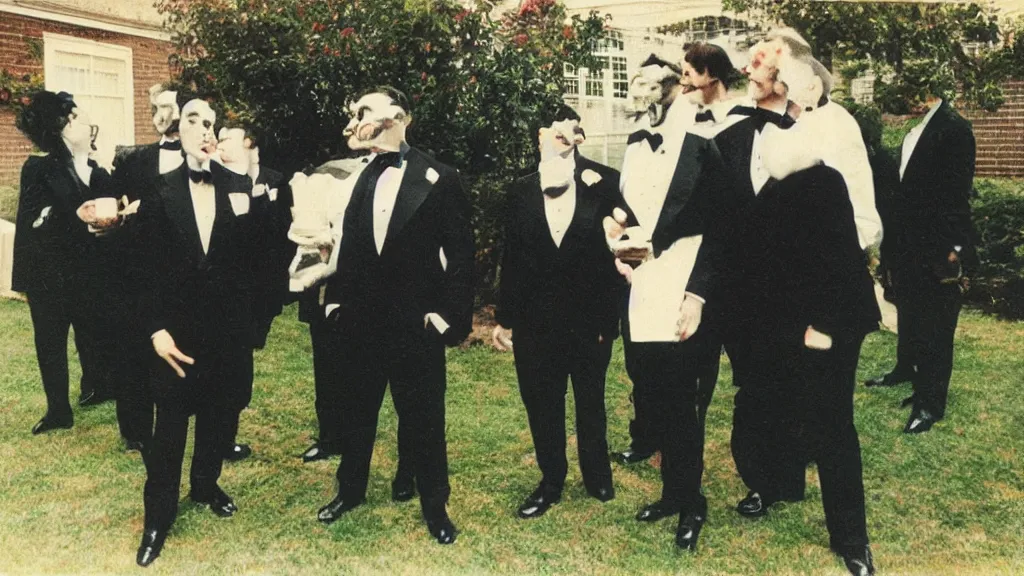 Image similar to a vintage color kodak photograph of cthulhu in a tuxedo socializing with some people at a fundraising in a private garden