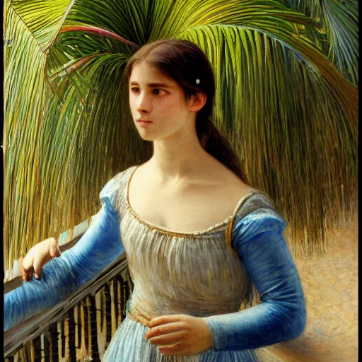 Image similar to a ultradetailed beautiful painting of a girl in the amazonas palace balustrade designed by jules bastien - lepage, tarsila do amaral, frank weston and gustave baumann, beach, trending on artstation, mediterranean, palm trees, hyper detailed face, sharp focus, soft light, 8 k 4 k