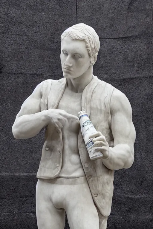 Prompt: marble sculpture of man in Adidas jacket sportswear holding a beer bottle made of marble, intricate sculpture, chiseled muscles, godlike, museum photo