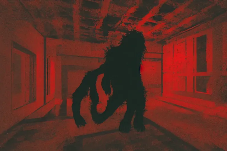 Image similar to cctv footage of an extremely dark empty room with evil horror humanoid cryptid monster made out of static, dark deep black shadows, crimson red and black color contrast in the style of trevor henderson and james ensor goya, liminal space, 3 d render, glitch effect