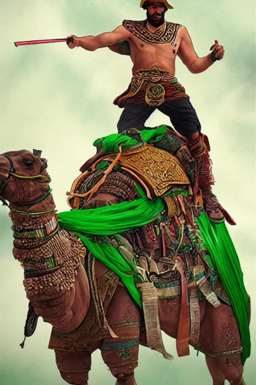 Image similar to arabian warrior, ride camel he use green turf and flag, realistic, sketch and art by jacqueline e, color by bo feng lin