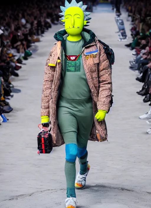 Image similar to hyperrealistic and heavy detailed Moncler runway show of rick and morty , Leica SL2 50mm, vivid color, high quality, high textured, real life