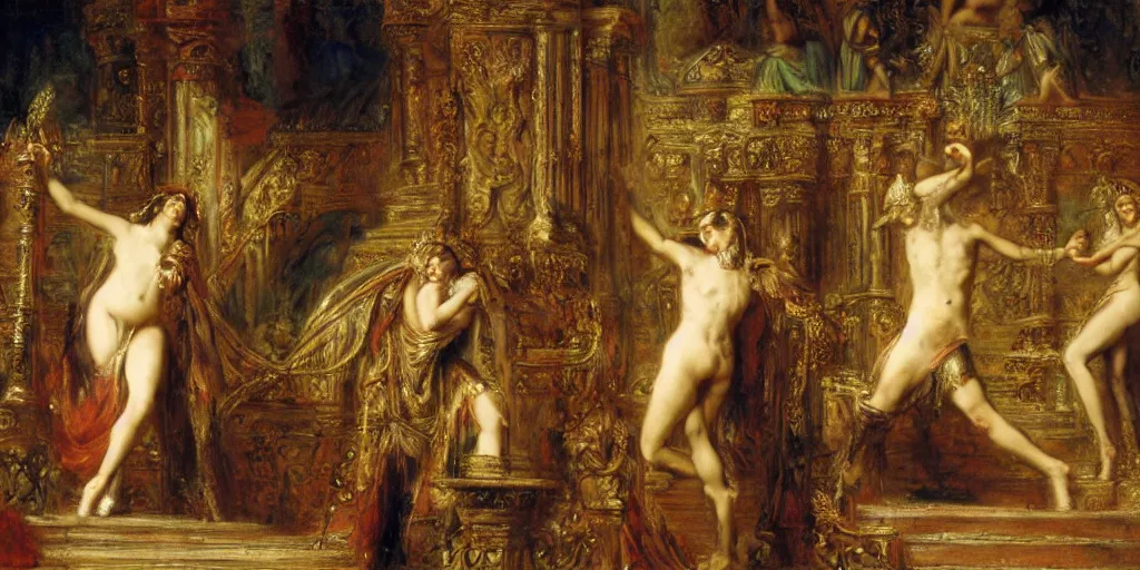 Prompt: live action cinematic version of salome dancing before herod by gustave moreau, salome bifurcating and expanding, volumetric lighting, dynamic lighting, cinematic