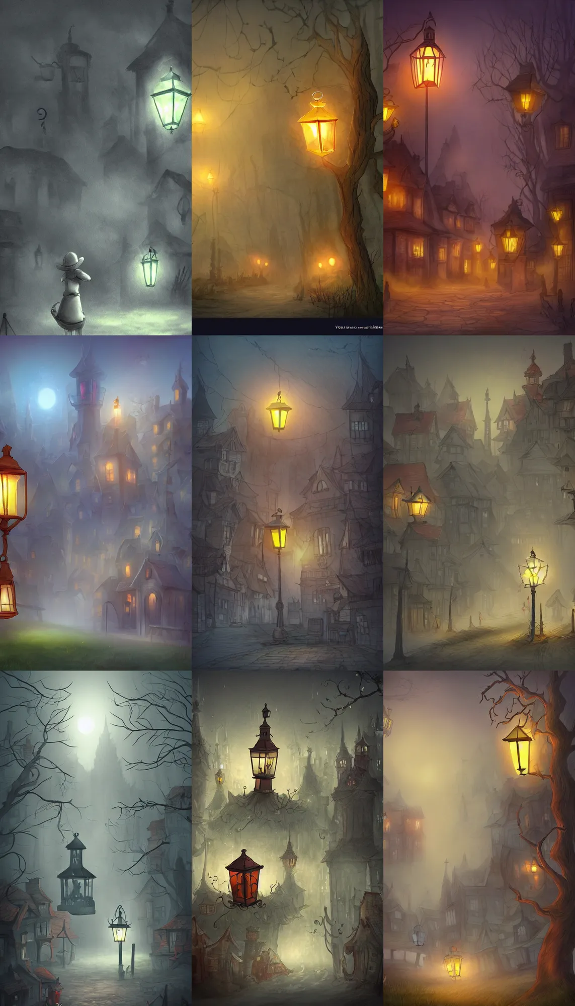 Prompt: town, little fog, lantern, fantasy cartoon style, little twisted image