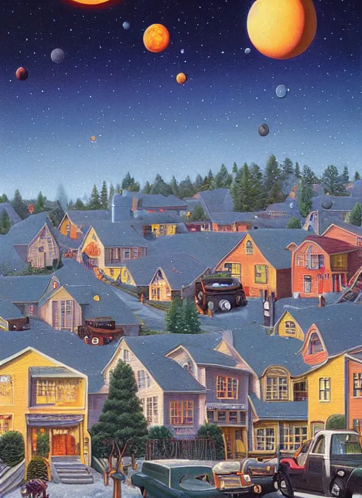 Image similar to a cozy pnw neighborhood. planets in the sky, vintage shapes, retro technology, happy colors. rob gonsalves, oil on canvas, deep depth field, masterpiece, cinematic composition, hyperdetailed