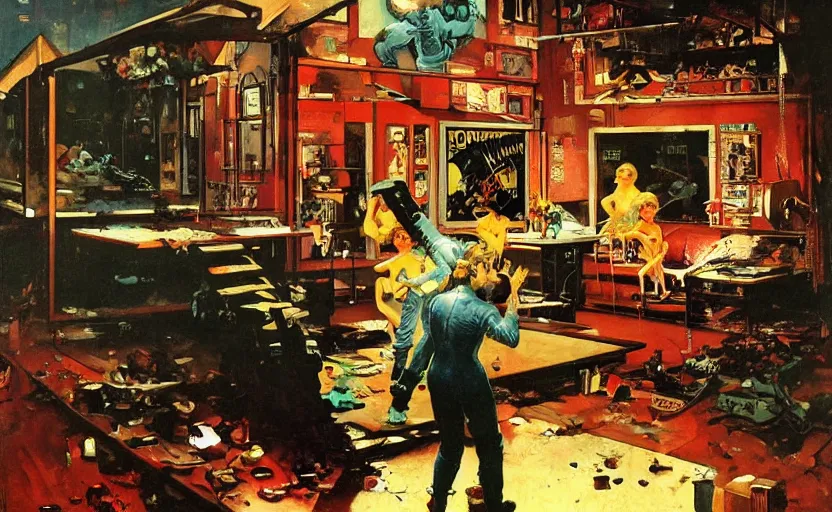 Image similar to exploding doll house. highly detailed science fiction painting by norman rockwell, frank frazetta, and syd mead. rich colors, high contrast, gloomy atmosphere, dark background. trending on artstation
