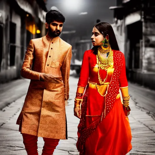 Image similar to a dramatic photograph of a person wearing traditional indian clothes, person wearing indian traditional clothes walking in a modern city, cinematic lighting