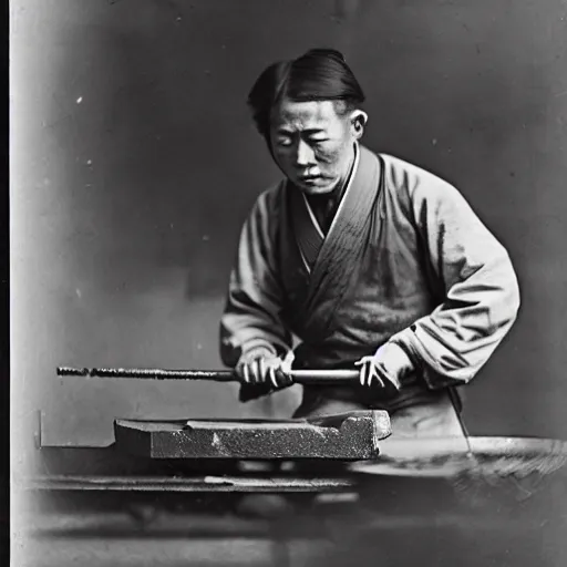 Image similar to Portrait of a 19th century Japanese man forging an elongated metal plate at a Kyoto knifemaker workshop, 1900s photography