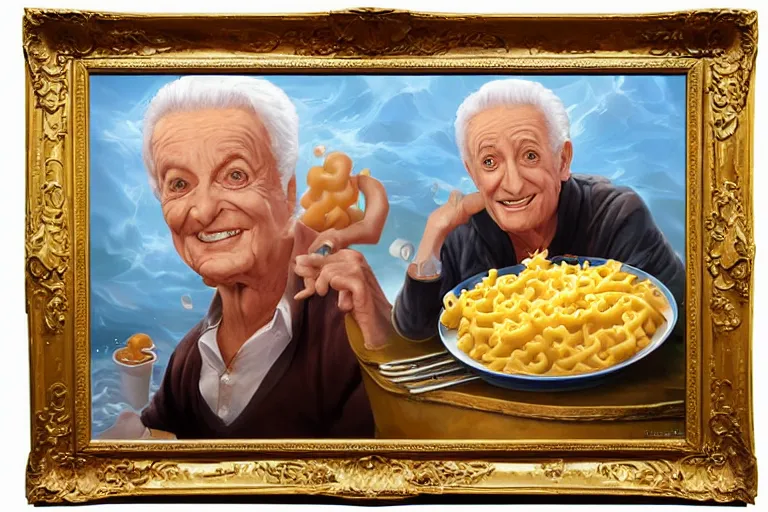 Image similar to portrait of bob barker swimming in a pool of mac and cheese, an oil painting by ross tran and thomas kincade