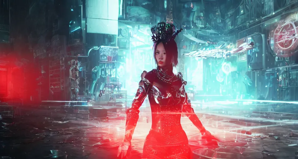 Image similar to a very hot scarlet asian necromancer in cyberpunk-plate-armor, Ultra-HD, doing a summoning futuristic ritual with giant holograms floathing in the air around her, Volumetric Lighting, Screen Space Global Illumination, Opaque, Optics, Lumen Reflections, VFX, insanely detailed and intricate, hypermaximalist, elegant, ornate, hyper realistic, super detailed, full body, octane render, unreal engine