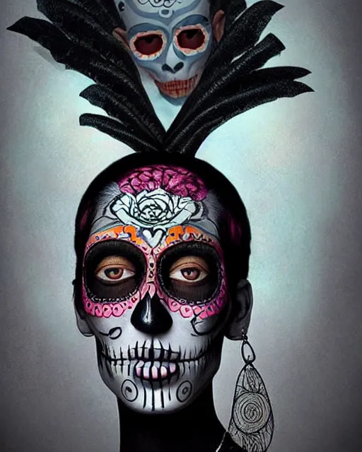 Prompt: dia de los muertos theme surrealist!!!! art in the styles of igor morski, jim warren, and aida muluneh, intricate, hyperrealistic, accurate facial details, profile picture with chromakey!!!!! background, volumetric lighting