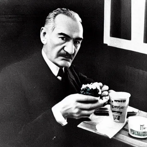 Prompt: mustafa kemal ataturk eating mcdonalds